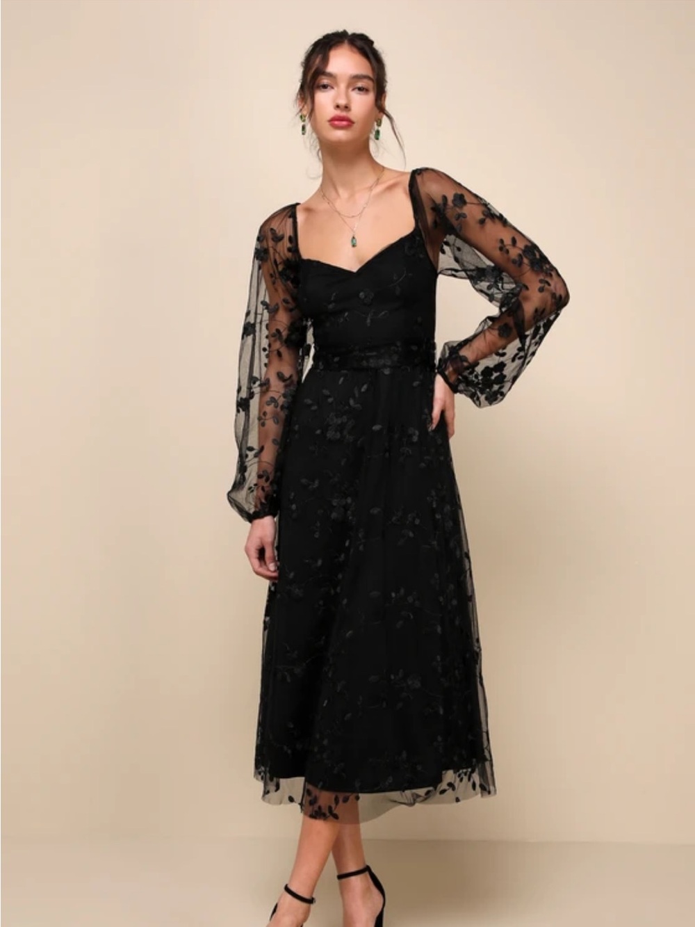 NWT! Lulus Darling Charisma Black Mesh Embroidered Midi Dress. XL